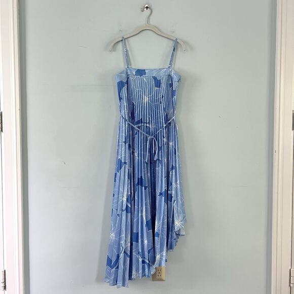 Milly Irene Waterlily Print Pale Blue Pleated Asymmetric Midi Dress - Picture 3 of 7